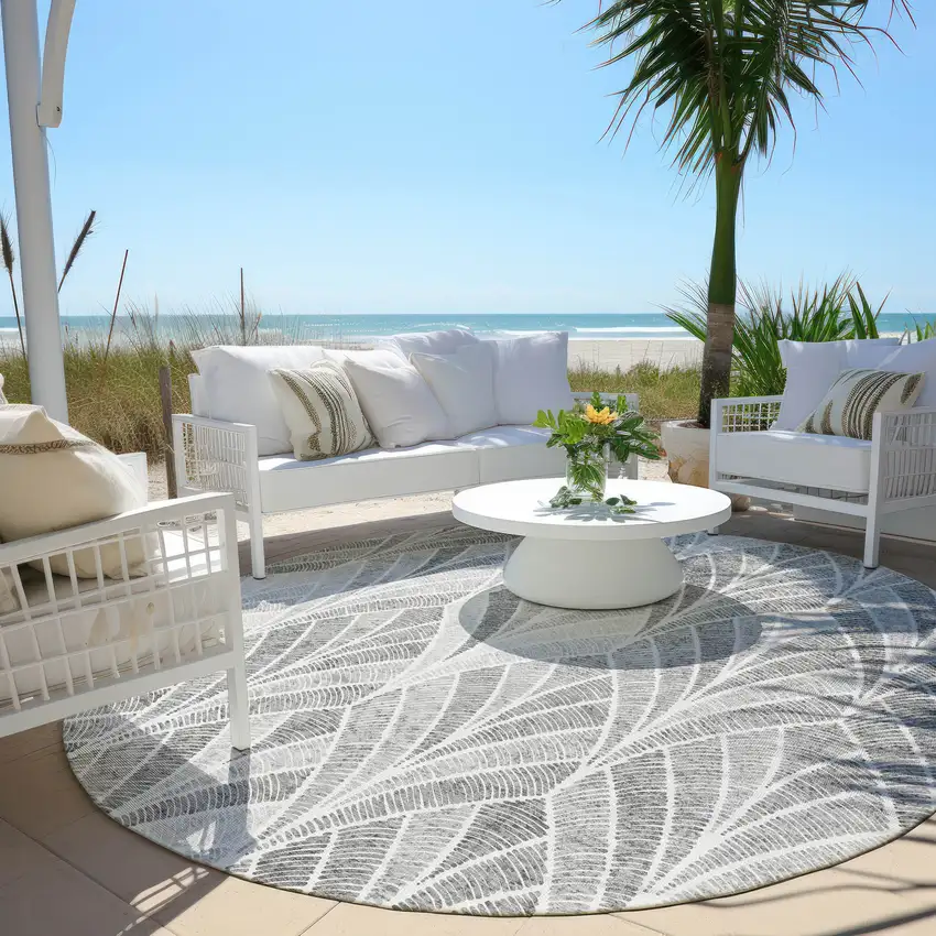 8' Gray Charcoal And Ivory Round Geometric Washable Indoor Outdoor Area Rug Photo 7