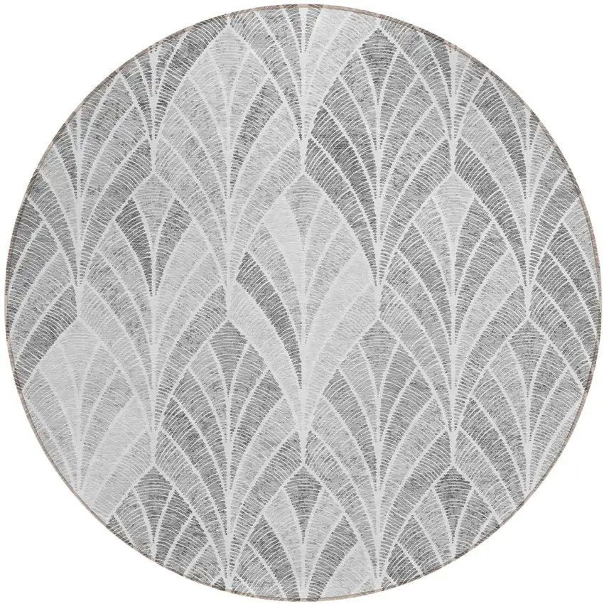 8' Gray Charcoal And Ivory Round Geometric Washable Indoor Outdoor Area Rug Photo 2