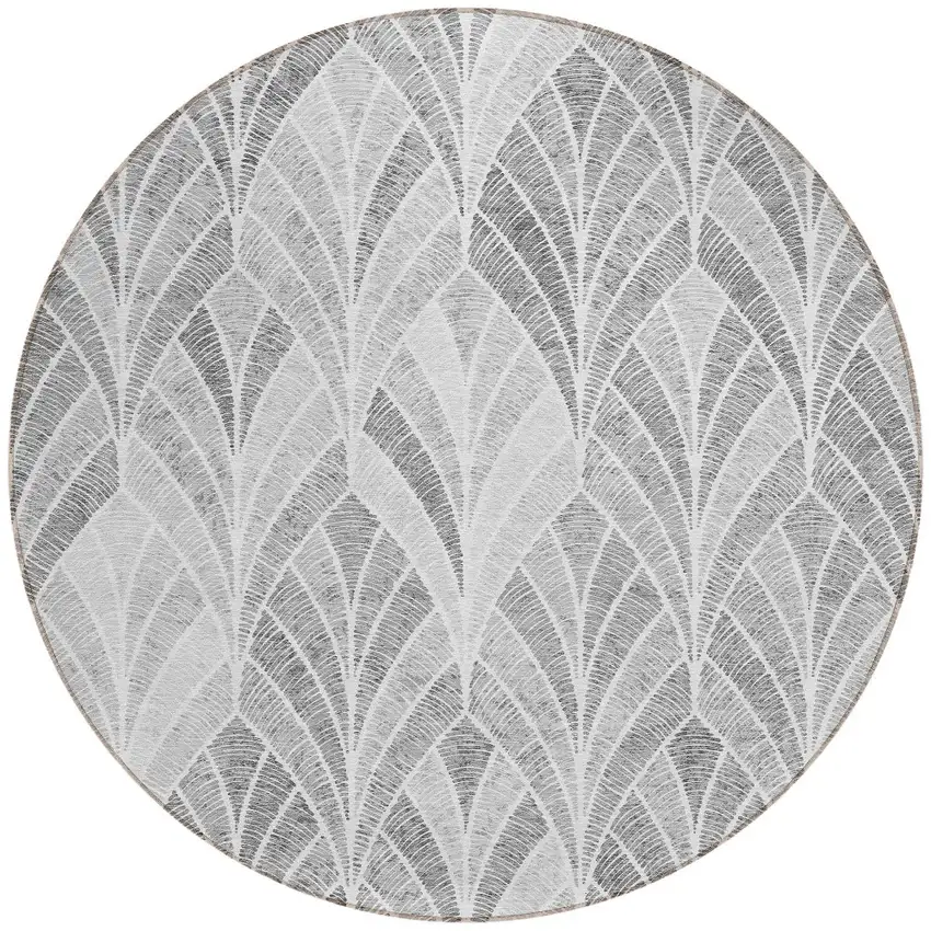 8' Gray Charcoal And Ivory Round Geometric Washable Indoor Outdoor Area Rug Photo 6