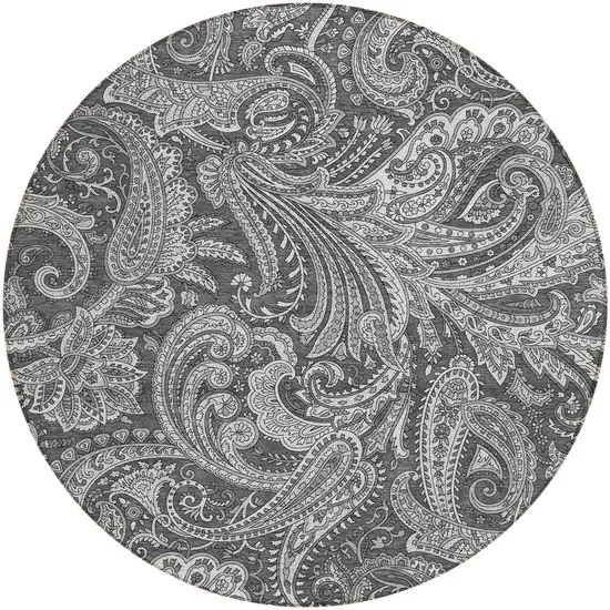 8' Gray Charcoal And Ivory Round Paisley Washable Indoor Outdoor Area Rug Photo 5