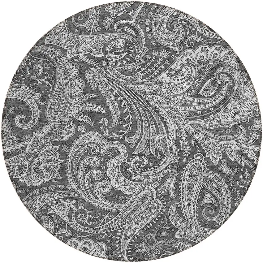 8' Gray Charcoal And Ivory Round Paisley Washable Indoor Outdoor Area Rug Photo 5