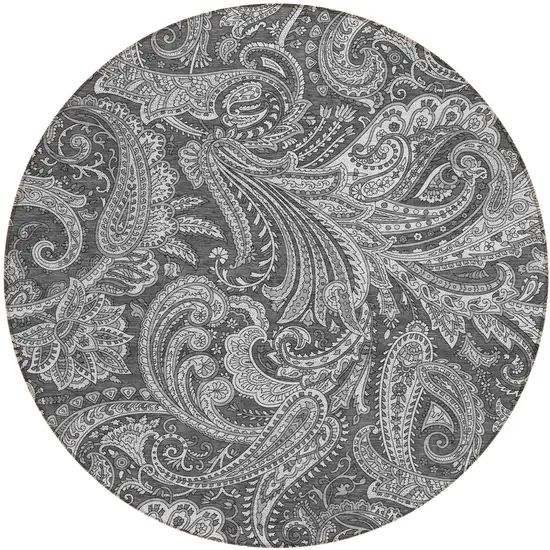 8' Gray Charcoal And Ivory Round Paisley Washable Indoor Outdoor Area Rug Photo 2