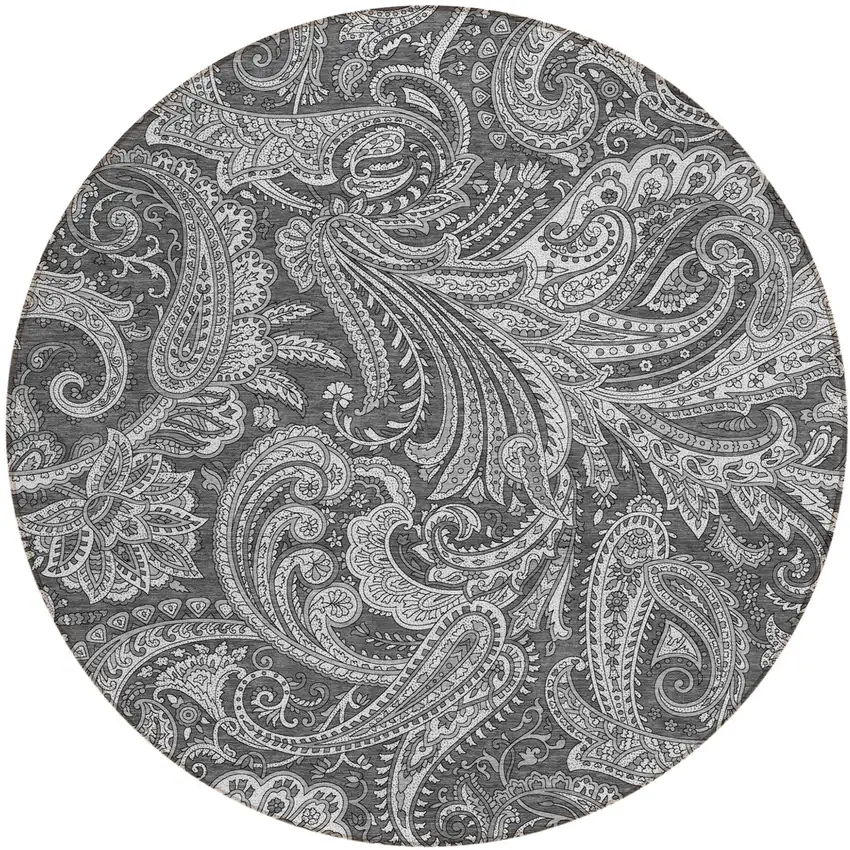 8' Gray Charcoal And Ivory Round Paisley Washable Indoor Outdoor Area Rug Photo 2