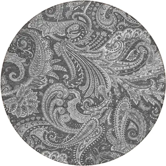 8' Gray Charcoal And Ivory Round Paisley Washable Indoor Outdoor Area Rug Photo 2