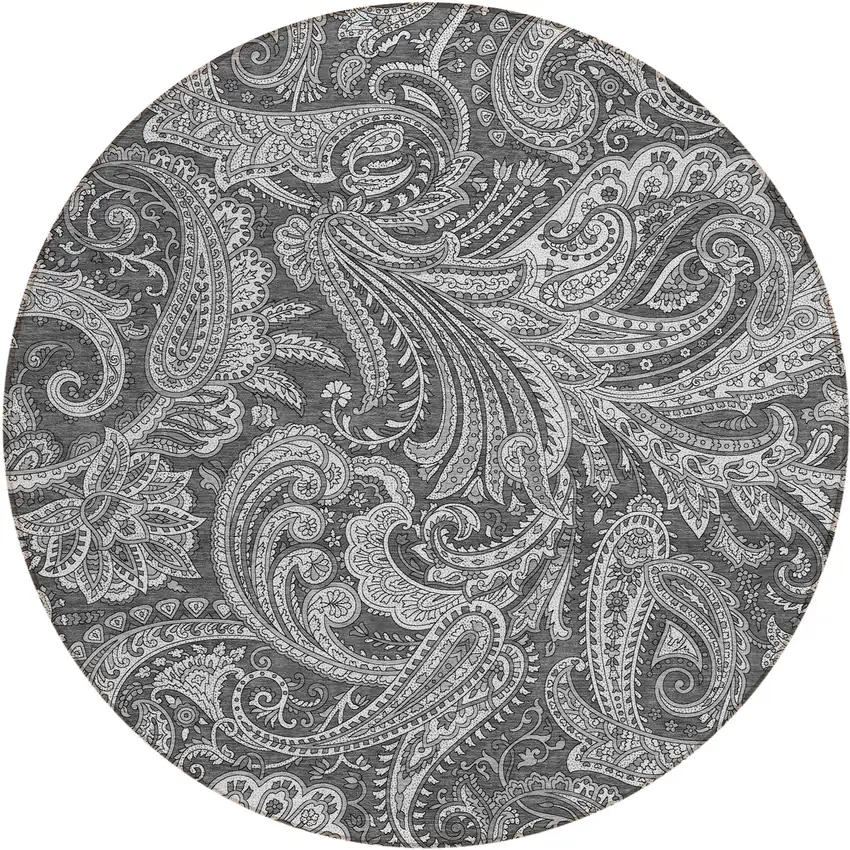 8' Gray Charcoal And Ivory Round Paisley Washable Indoor Outdoor Area Rug Photo 2