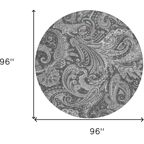 8' Gray Charcoal And Ivory Round Paisley Washable Indoor Outdoor Area Rug Photo 3