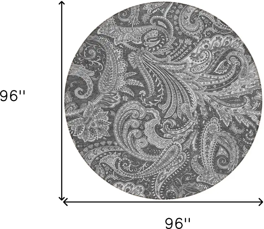 8' Gray Charcoal And Ivory Round Paisley Washable Indoor Outdoor Area Rug Photo 3