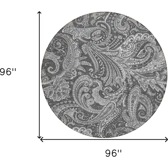 8' Gray Charcoal And Ivory Round Paisley Washable Indoor Outdoor Area Rug Photo 3