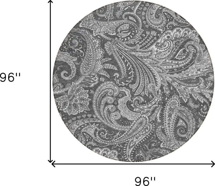 8' Gray Charcoal And Ivory Round Paisley Washable Indoor Outdoor Area Rug Photo 3