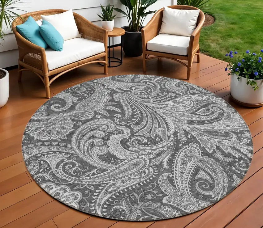 8' Gray Charcoal And Ivory Round Paisley Washable Indoor Outdoor Area Rug Photo 1