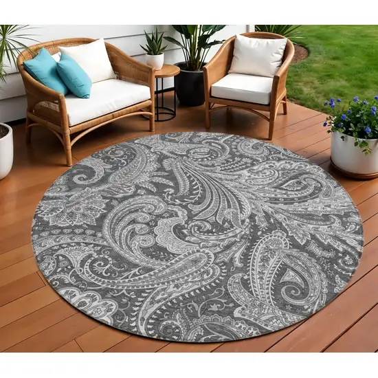 8' Gray Charcoal And Ivory Round Paisley Washable Indoor Outdoor Area Rug Photo 1