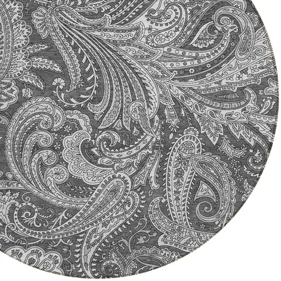 8' Gray Charcoal And Ivory Round Paisley Washable Indoor Outdoor Area Rug Photo 4