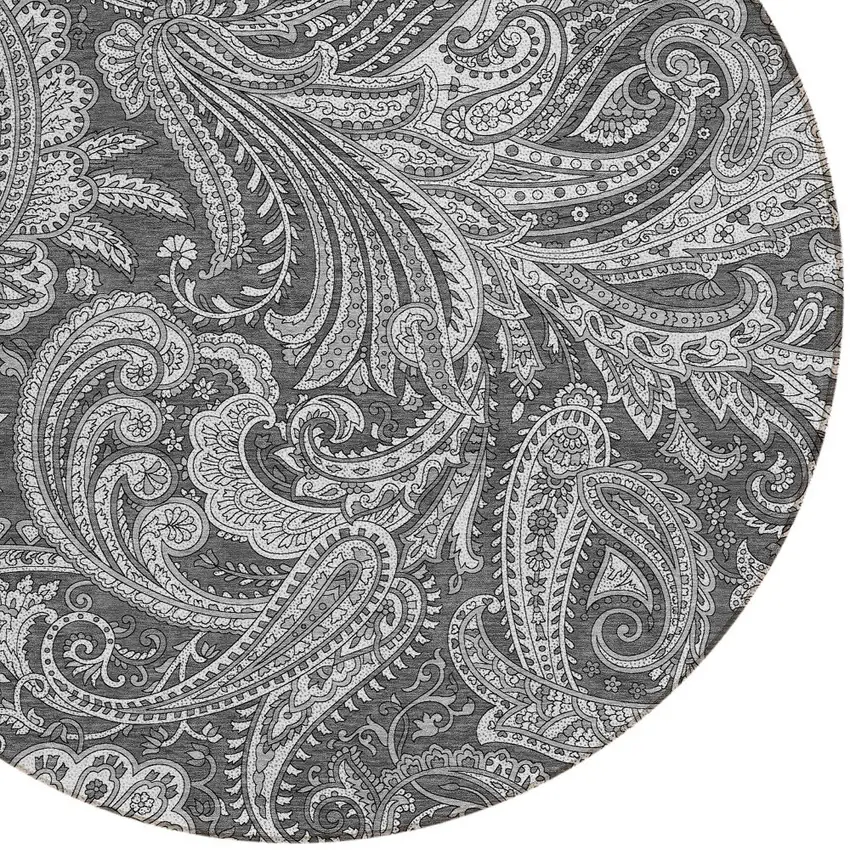 8' Gray Charcoal And Ivory Round Paisley Washable Indoor Outdoor Area Rug Photo 4