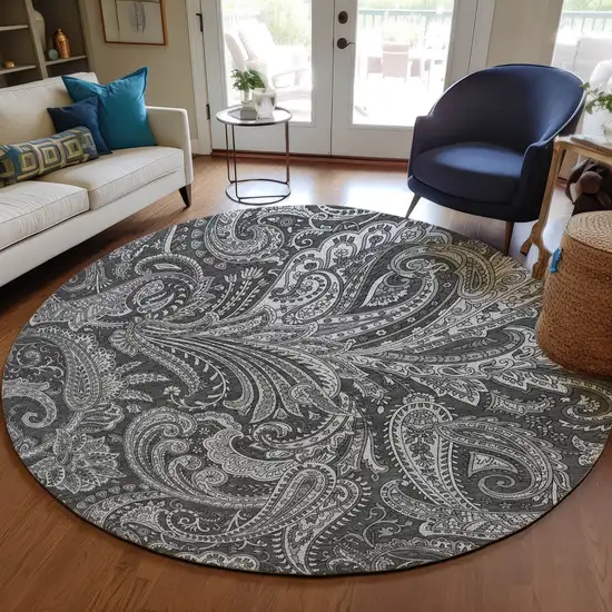 8' Gray Charcoal And Ivory Round Paisley Washable Indoor Outdoor Area Rug Photo 7