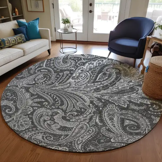8' Gray Charcoal And Ivory Round Paisley Washable Indoor Outdoor Area Rug Photo 7