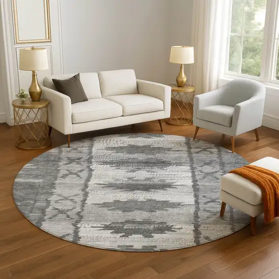 8' Gray Charcoal And Ivory Tribal Washable Round Rug With UV Protection Photo 5