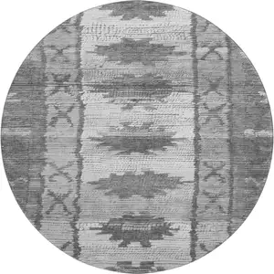 Photo of 8' Gray Charcoal And Ivory Tribal Washable Round Rug With UV Protection