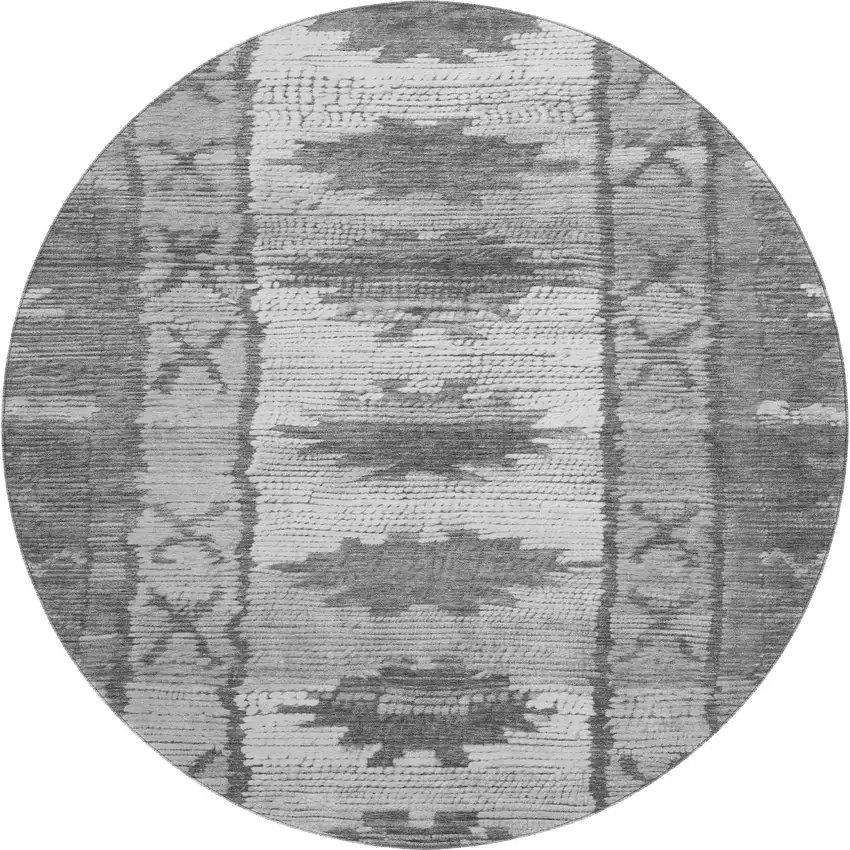 8' Gray Charcoal And Ivory Tribal Washable Round Rug With UV Protection Photo 1