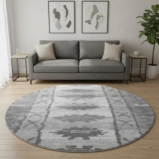 8' Gray Charcoal And Ivory Tribal Washable Round Rug With UV Protection Photo 2