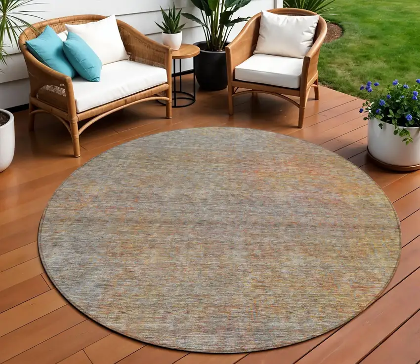 8' Gray Charcoal And Orange Round Abstract Washable Indoor Outdoor Area Rug Photo 1