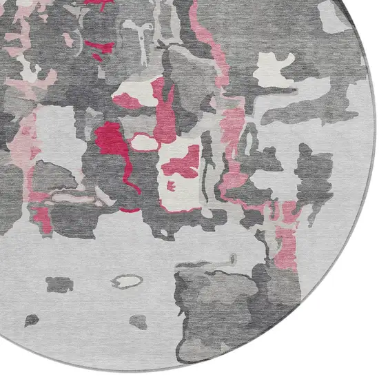 8' Gray Charcoal And Pink Round Abstract Washable Indoor Outdoor Area Rug Photo 4