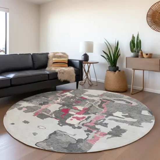 8' Gray Charcoal And Pink Round Abstract Washable Indoor Outdoor Area Rug Photo 8
