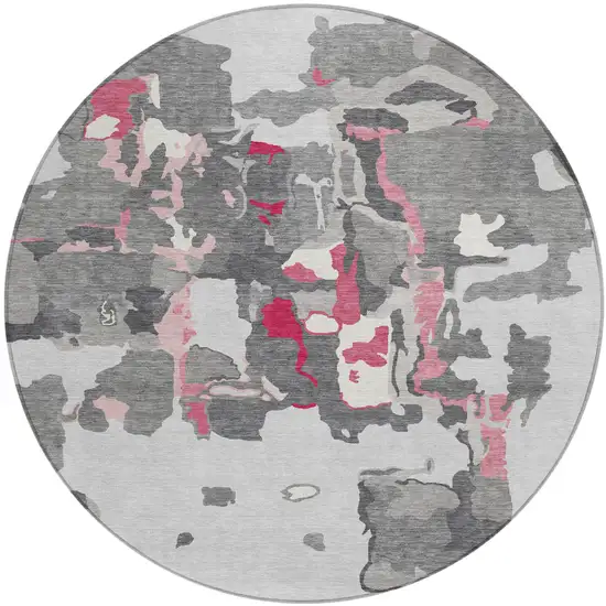 8' Gray Charcoal And Pink Round Abstract Washable Indoor Outdoor Area Rug Photo 2