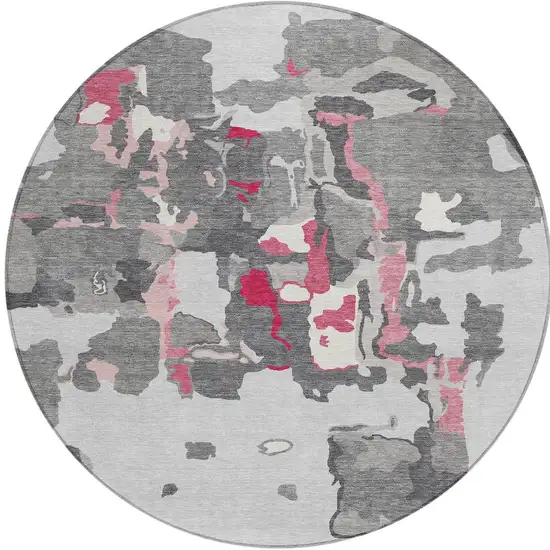 8' Gray Charcoal And Pink Round Abstract Washable Indoor Outdoor Area Rug Photo 6