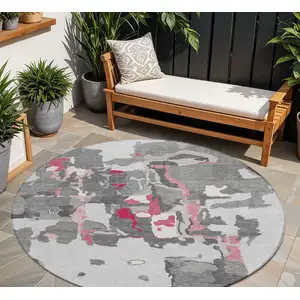 Photo of 8' Gray Charcoal And Pink Round Abstract Washable Indoor Outdoor Area Rug