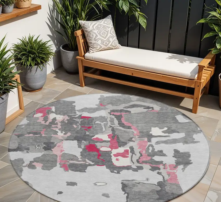 8' Gray Charcoal And Pink Round Abstract Washable Indoor Outdoor Area Rug Photo 1