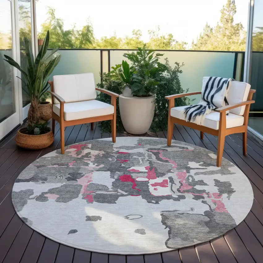 8' Gray Charcoal And Pink Round Abstract Washable Indoor Outdoor Area Rug Photo 7