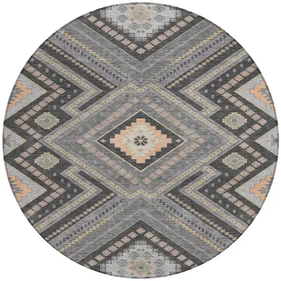 8' Gray Charcoal And Pink Round Tribal Washable Indoor Outdoor Area Rug Photo 6