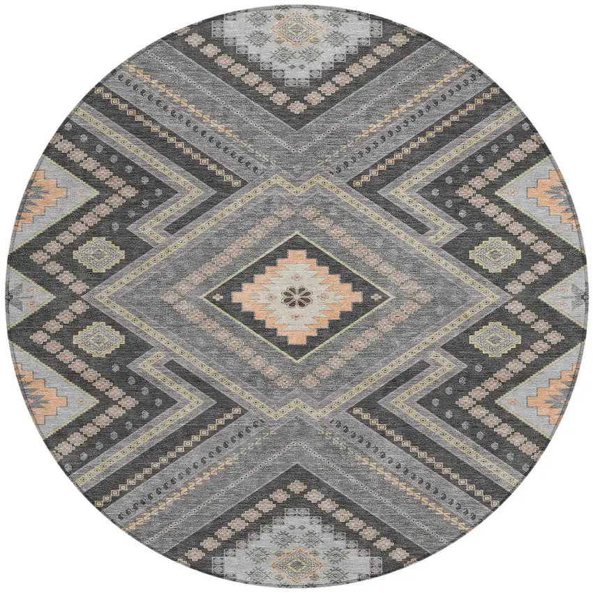 8' Gray Charcoal And Pink Round Tribal Washable Indoor Outdoor Area Rug Photo 6