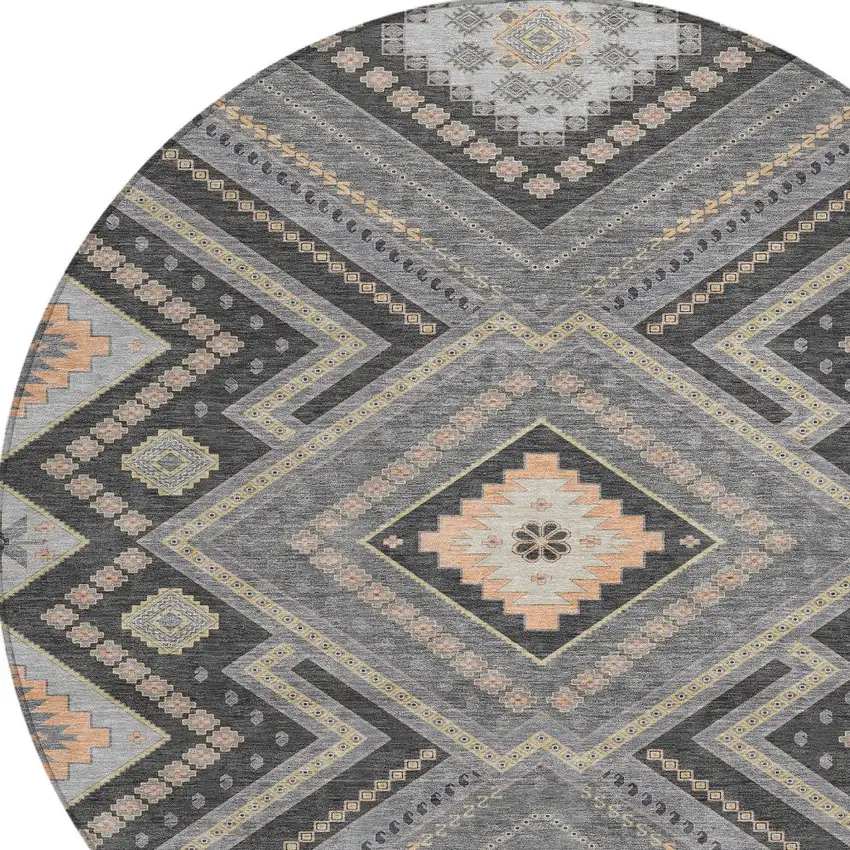 8' Gray Charcoal And Pink Round Tribal Washable Indoor Outdoor Area Rug Photo 4