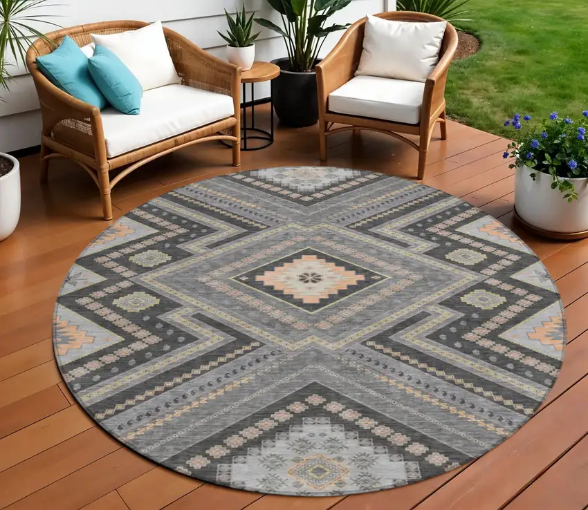 8' Gray Charcoal And Pink Round Tribal Washable Indoor Outdoor Area Rug Photo 1