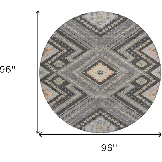 8' Gray Charcoal And Pink Round Tribal Washable Indoor Outdoor Area Rug Photo 3