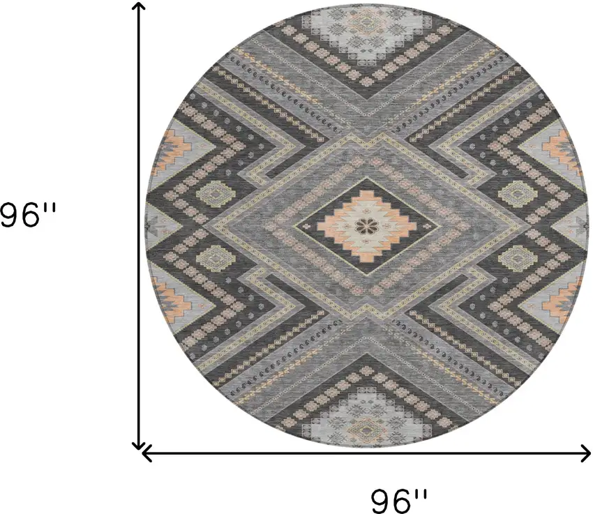 8' Gray Charcoal And Pink Round Tribal Washable Indoor Outdoor Area Rug Photo 3