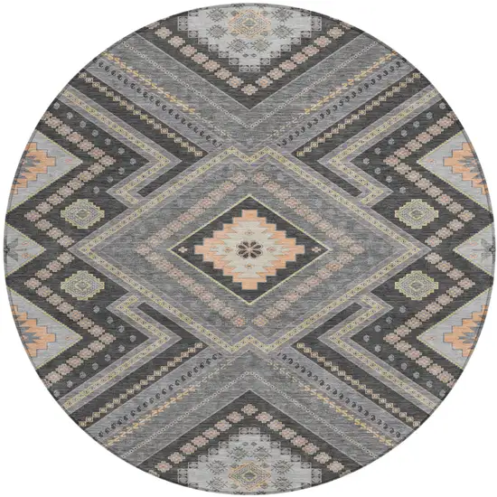 8' Gray Charcoal And Pink Round Tribal Washable Indoor Outdoor Area Rug Photo 2