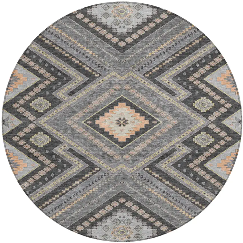 8' Gray Charcoal And Pink Round Tribal Washable Indoor Outdoor Area Rug Photo 2
