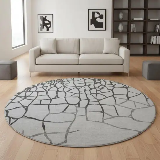 8' Gray Charcoal And Silver Abstract Geometric Washable Round Rug With UV Protection Photo 2