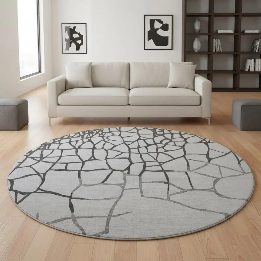 8' Gray Charcoal And Silver Abstract Geometric Washable Round Rug With UV Protection Photo 2