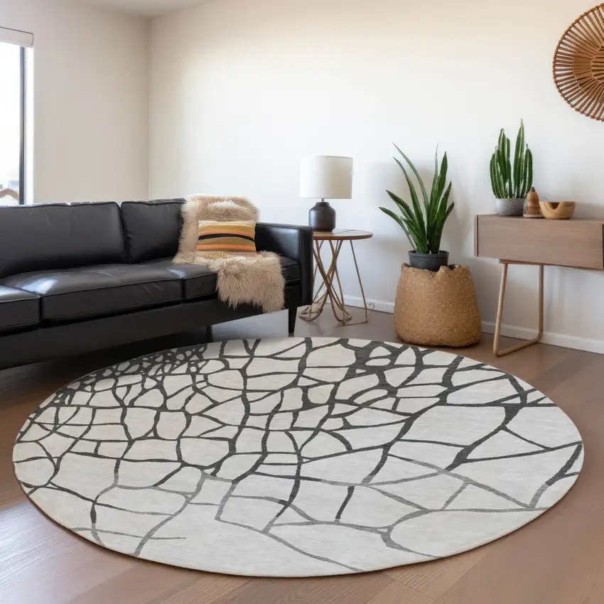 8' Gray Charcoal And Silver Abstract Geometric Washable Round Rug With UV Protection Photo 4