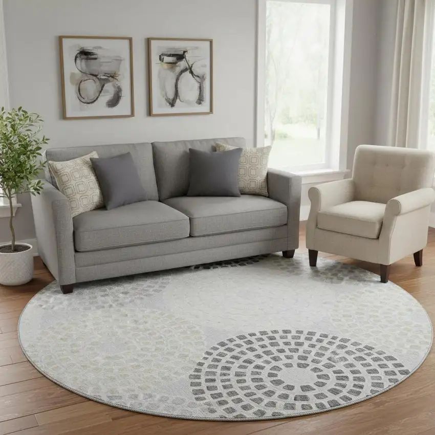 8' Gray Charcoal And Silver Geometric Washable Round Rug With UV Protection Photo 1