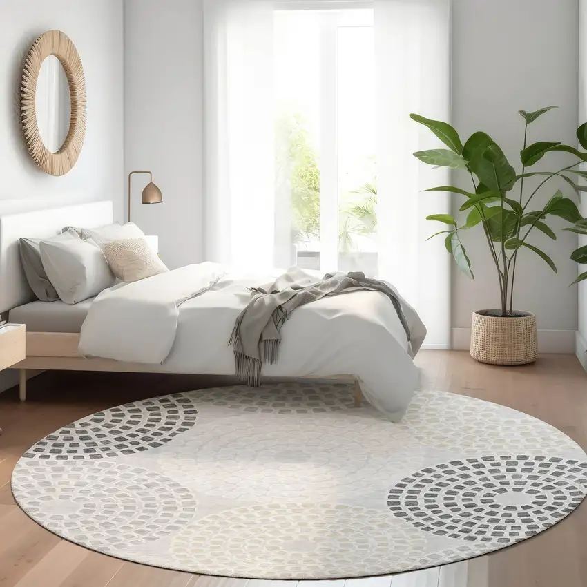 8' Gray Charcoal And Silver Geometric Washable Round Rug With UV Protection Photo 5