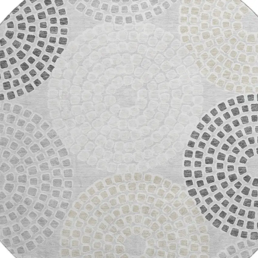 8' Gray Charcoal And Silver Geometric Washable Round Rug With UV Protection Photo 3
