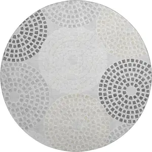 Photo of 8' Gray Charcoal And Silver Geometric Washable Round Rug With UV Protection