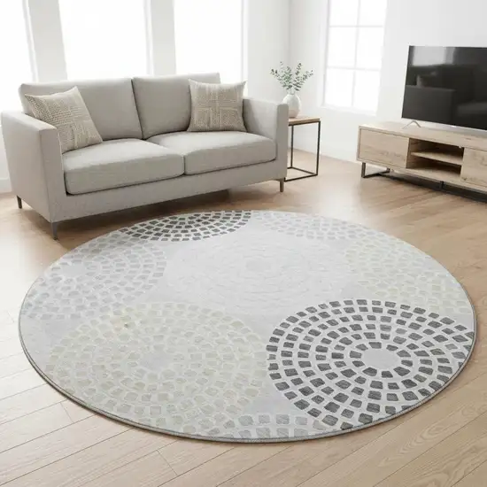 8' Gray Charcoal And Silver Geometric Washable Round Rug With UV Protection Photo 2
