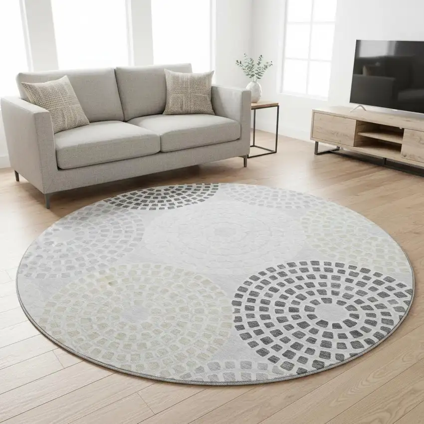 8' Gray Charcoal And Silver Geometric Washable Round Rug With UV Protection Photo 2
