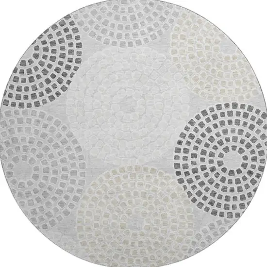 8' Gray Charcoal And Silver Geometric Washable Round Rug With UV Protection Photo 4