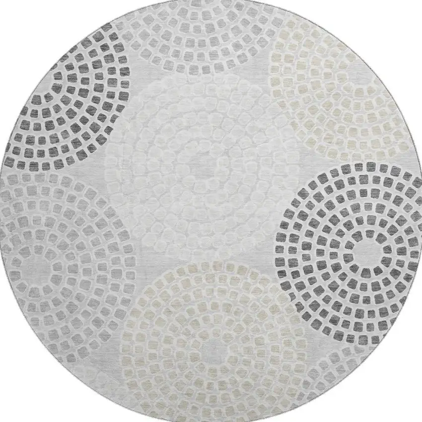8' Gray Charcoal And Silver Geometric Washable Round Rug With UV Protection Photo 4